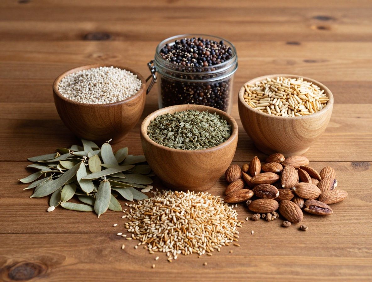 Assortiment de sources de protéines naturelles disposées sur une surface en bois clair : légumineuses, noix, graines, et légumes verts frais, photographiés avec un éclairage naturel chaud