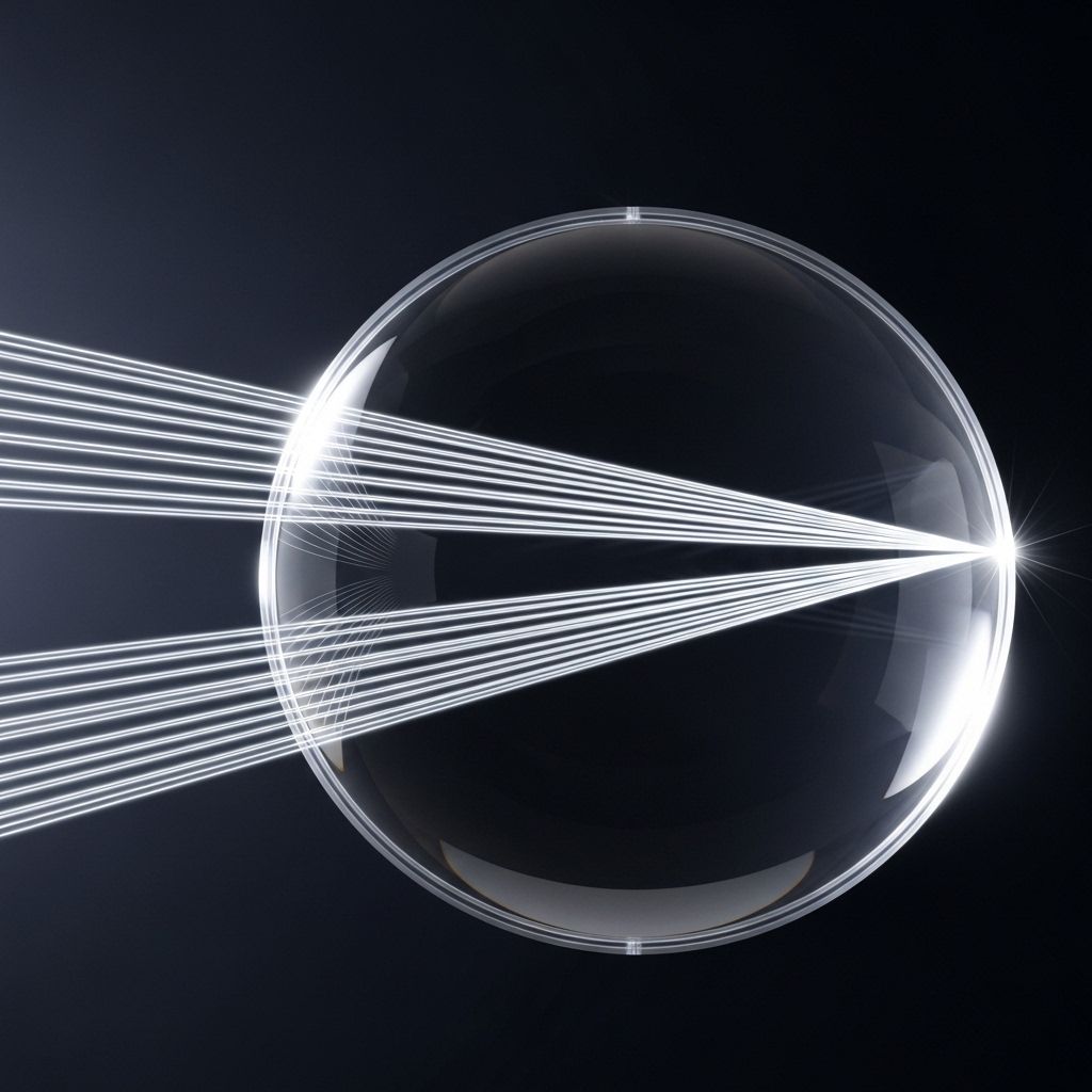 Représentation schématique abstraite de rayons lumineux traversant une lentille convexe transparente sur fond sombre, évoquant le mécanisme d'accommodation de l'œil et la mise au point visuelle