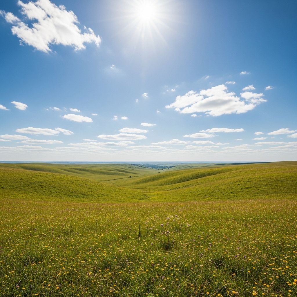 Horizon naturel ouvert avec un ciel lumineux et un paysage dégagé, représentant le concept de balayage visuel et de repos du regard dans l'espace lointain