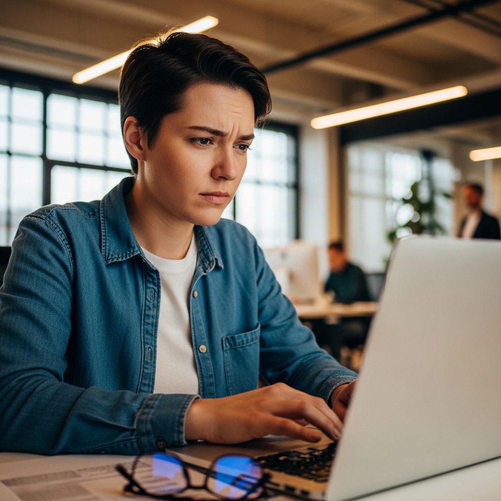 Personne travaillant sur un ordinateur portable dans un bureau bien éclairé, illustrant le contexte de la fatigue visuelle liée aux écrans en milieu professionnel